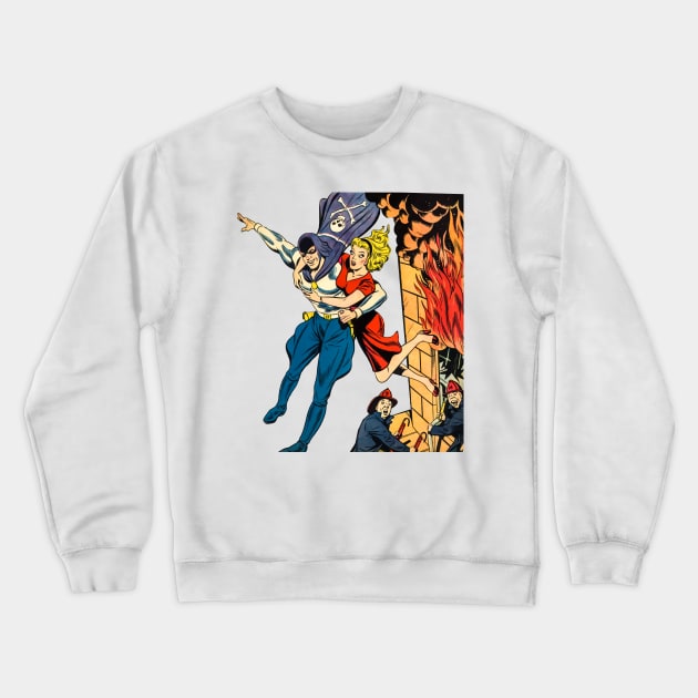 Masked Superhero Rescuing Beautiful Girl from Fire Building Firefighters Fire Retro Comic Vintage Crewneck Sweatshirt by REVISTANGO